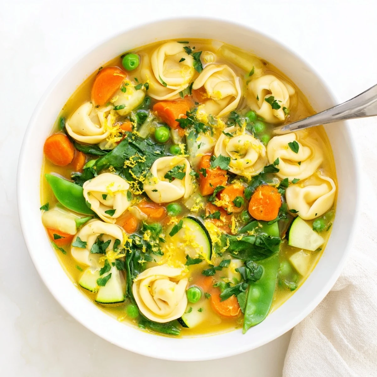 Creamy spring tortellini soup brimming with tender vegetables and fresh green herbs in a rustic bowl