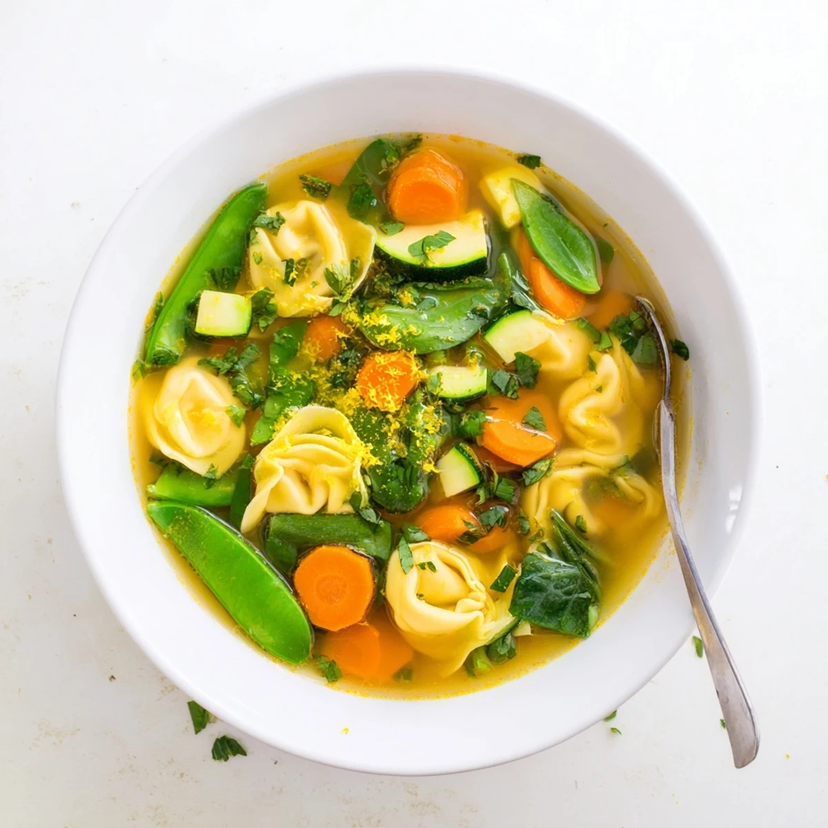 Vibrant Italian tortellini soup featuring colorful carrots zucchini and cheese-filled pasta floating in golden broth