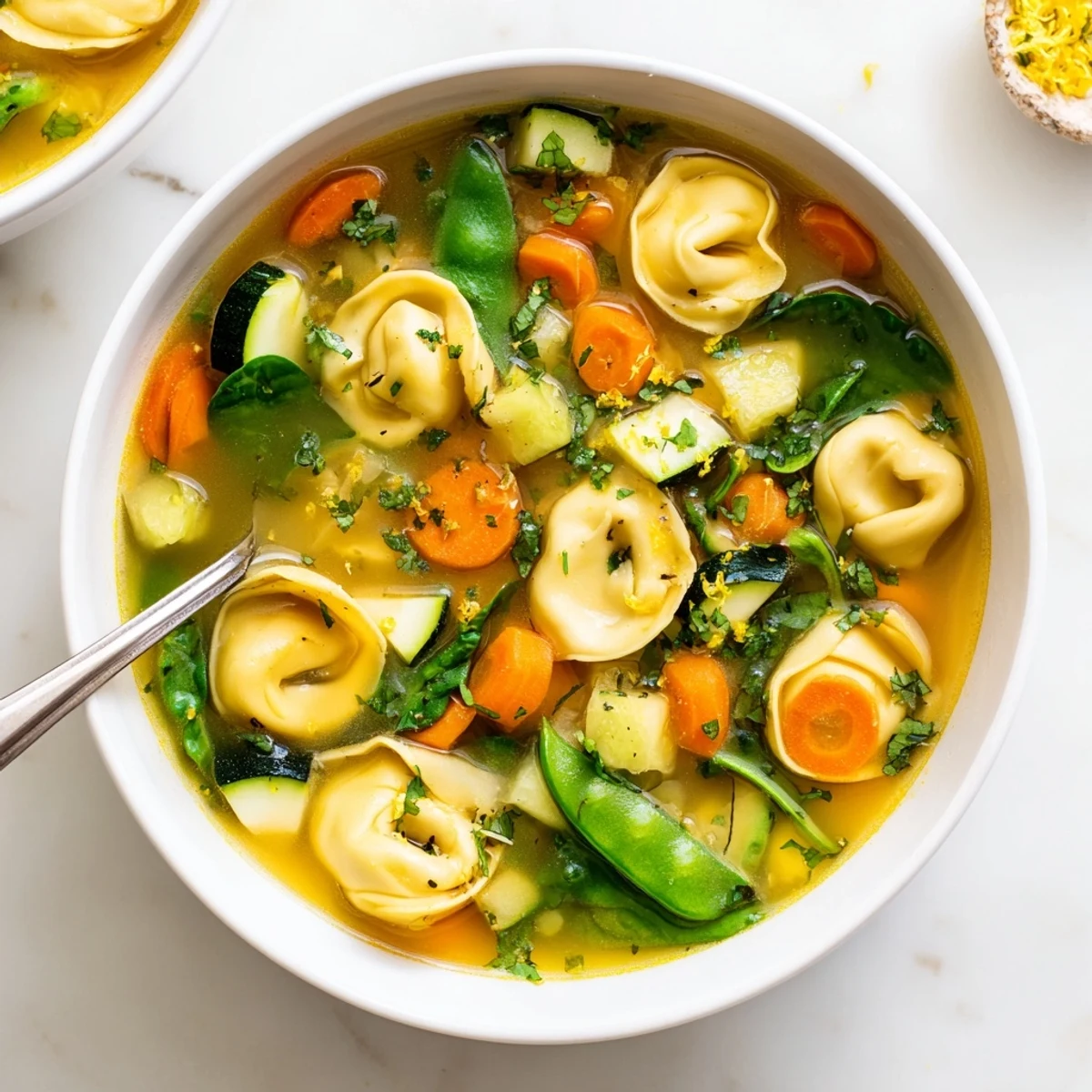 Steaming spring tortellini soup topped with lemon zest Parmesan and parsley for a comforting vegetarian dinner