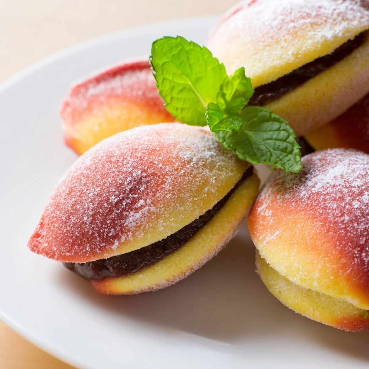 Two Italian peach cookies filled with chocolate jam and dusted with sparkling sugar