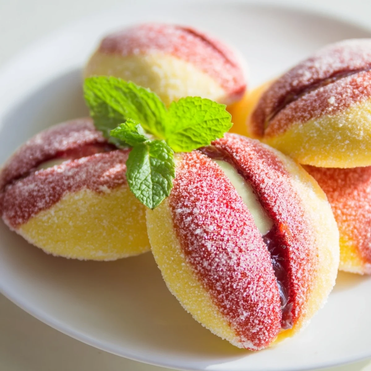 Peach-shaped sandwich cookies with chocolate jam filling topped with fresh mint leaves