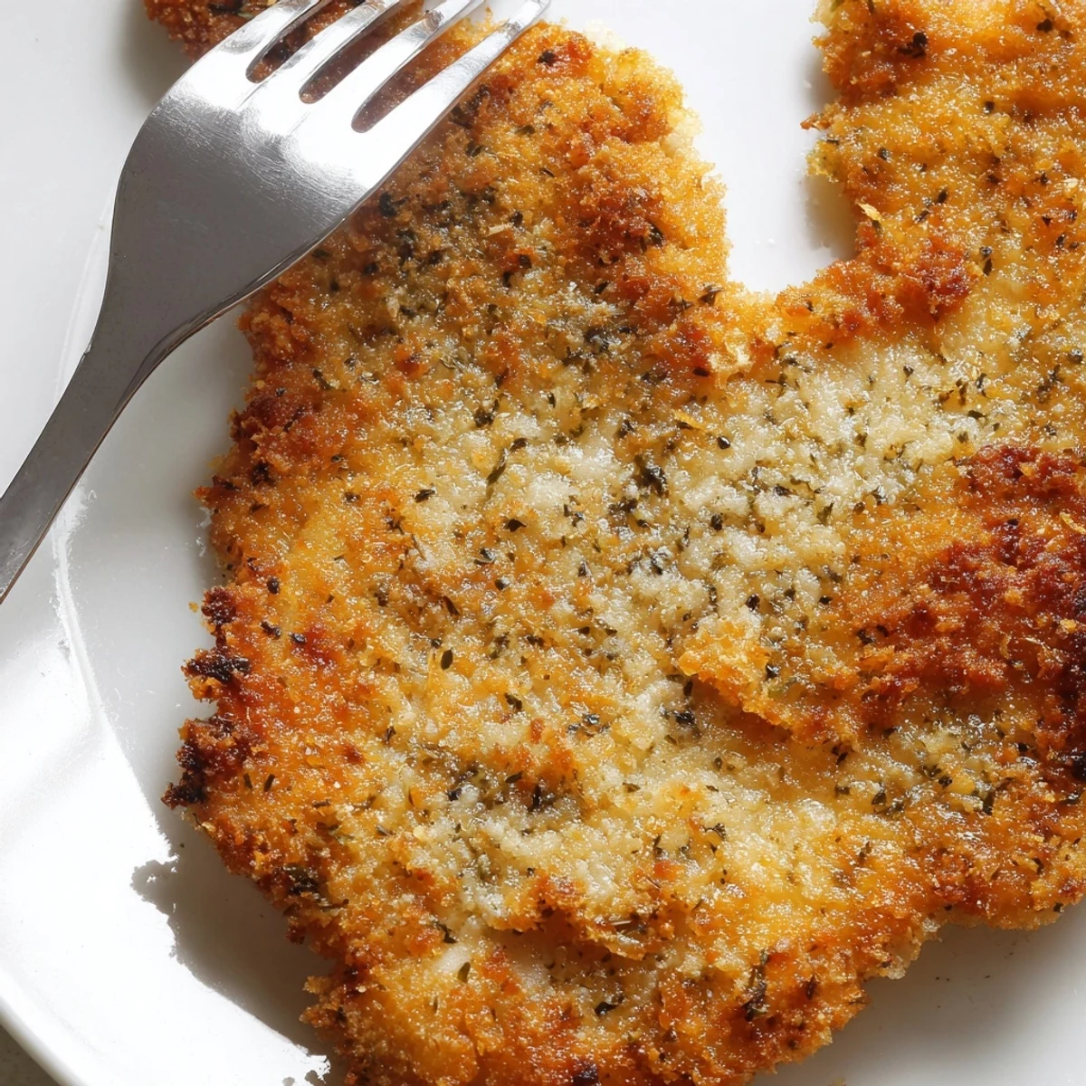 Golden-brown Italian chicken cutlets fried to crispy perfection on a white serving plate