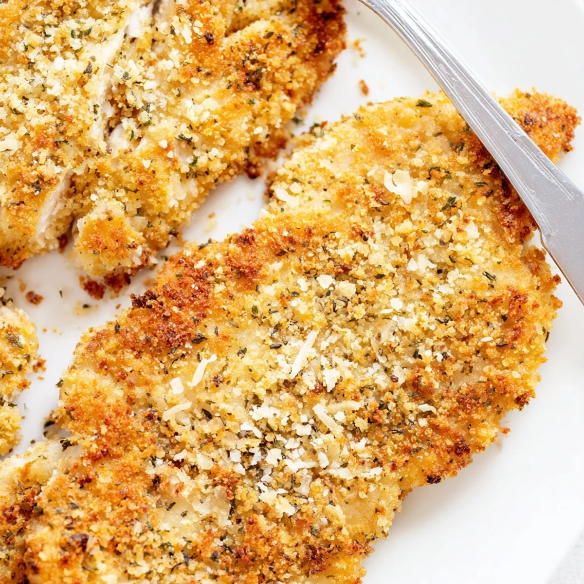 Homemade Italian chicken cutlets with Parmesan breadcrumb coating served on a rustic platter