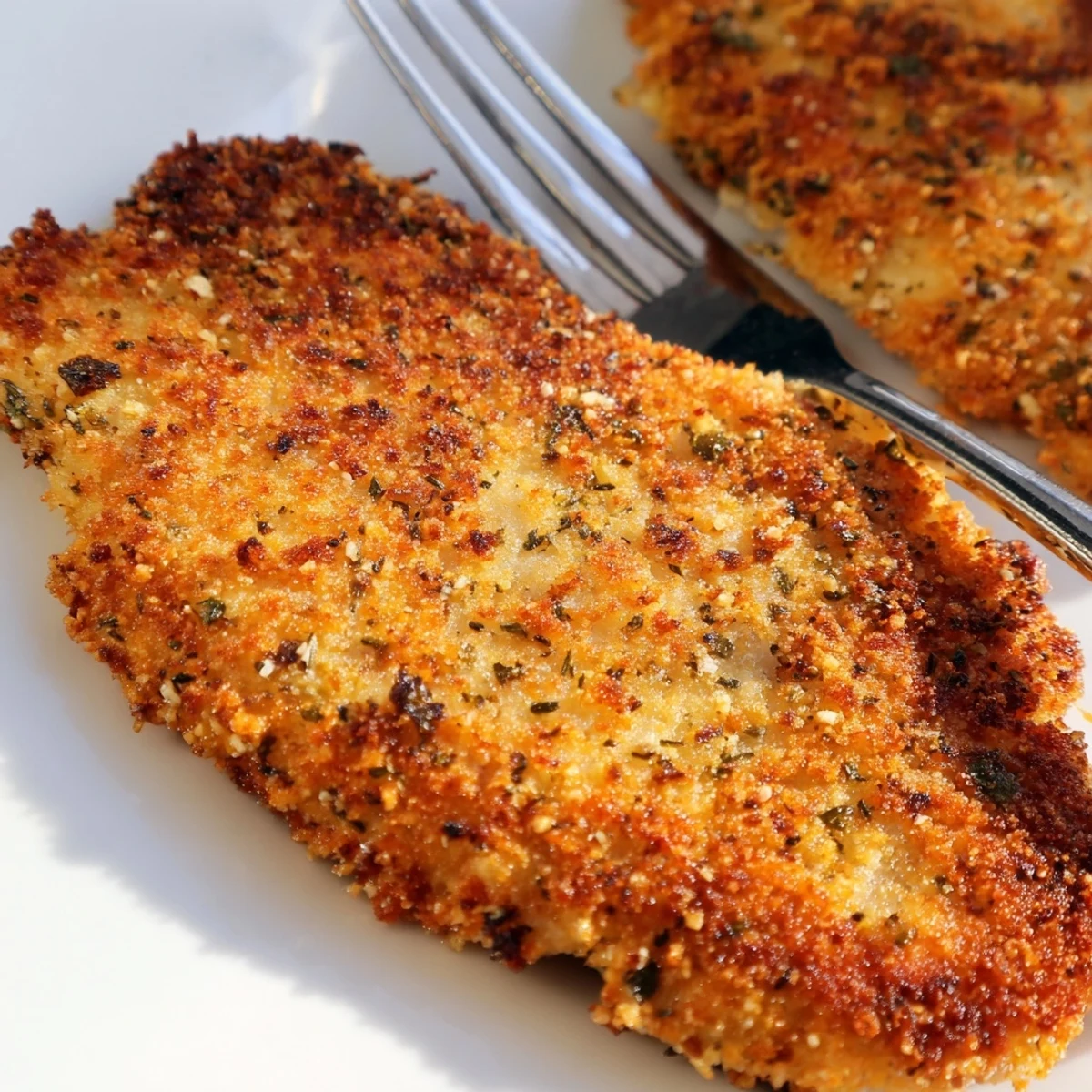 Crispy pan-fried Italian chicken cutlets garnished with fresh lemon wedges for dinner