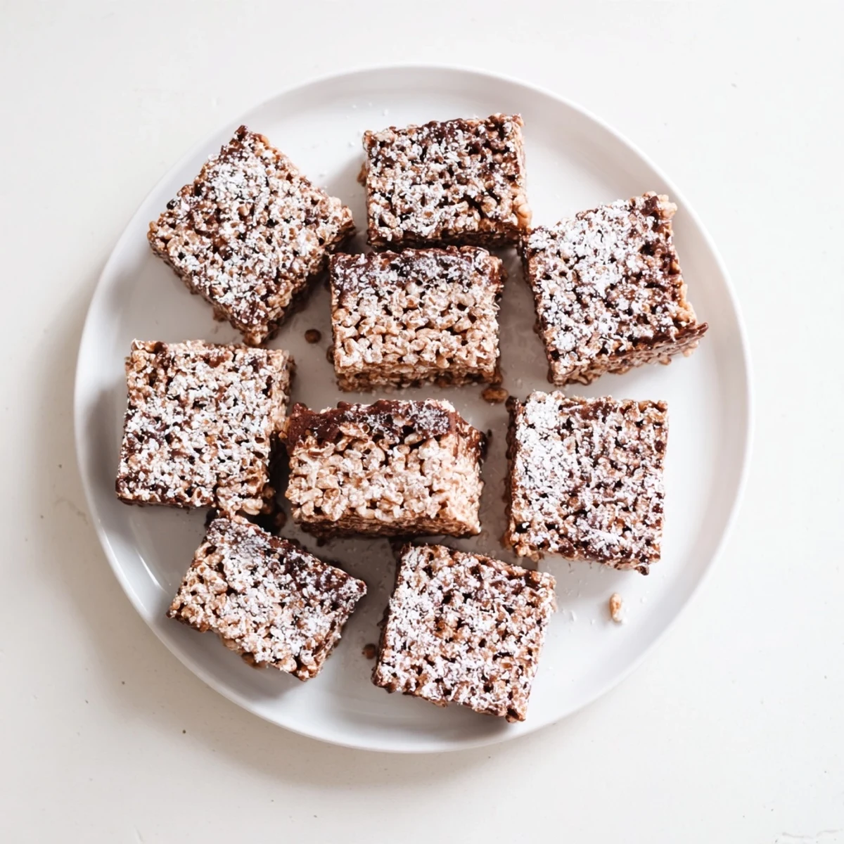 Golden Muddy Buddy Rice Krispies squares coated in white powdered sugar on a white plate