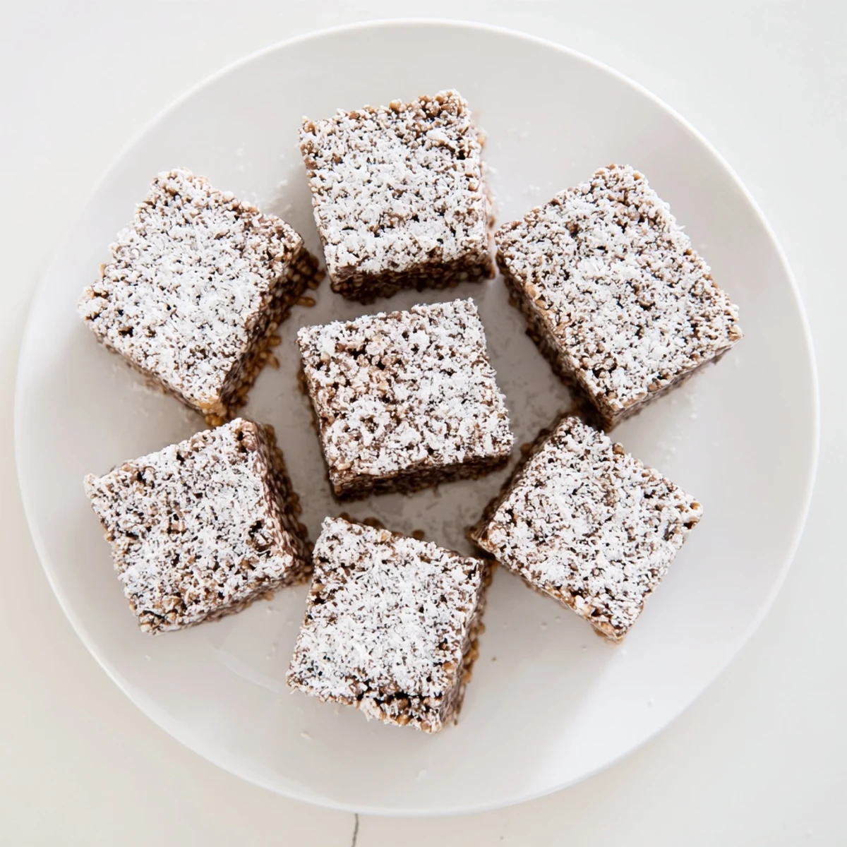 Chocolate peanut butter Muddy Buddy Rice Krispies treats stacked on a serving platter for parties