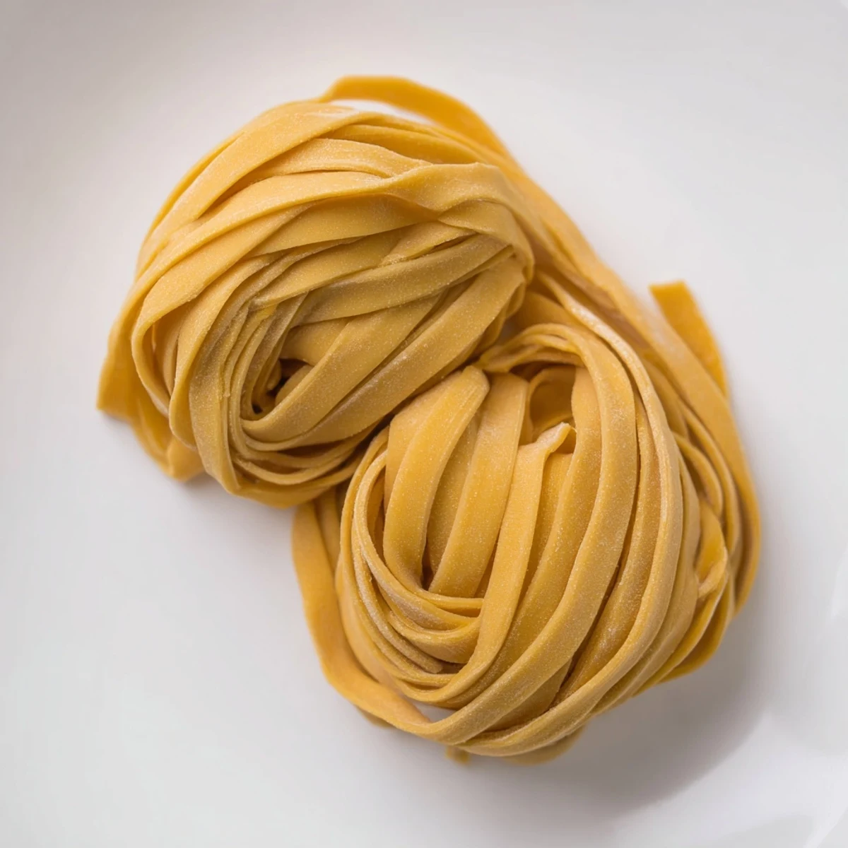 Golden strands of homemade sourdough pasta dusted with flour on a wooden cutting board