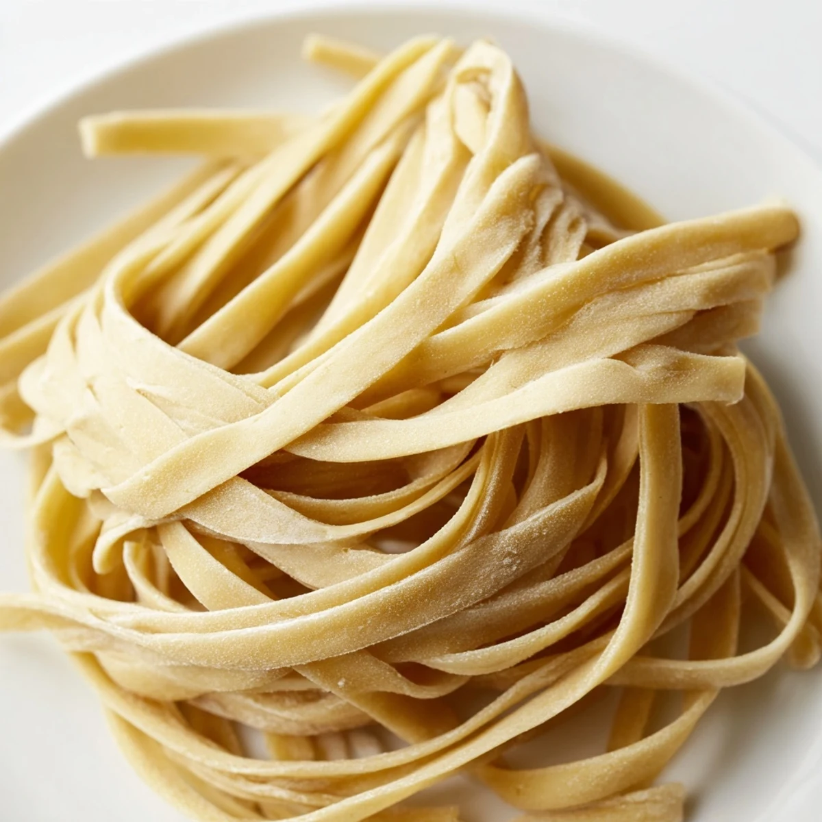 Freshly cut fettuccine made from active sourdough starter arranged neatly on marble surface