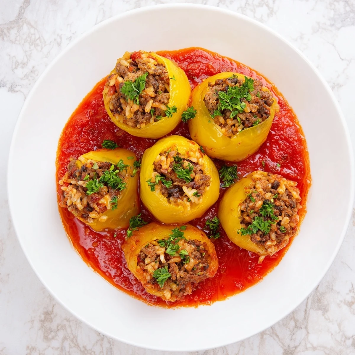 Golden Greek stuffed onions simmering in rich tomato sauce with beef and rice filling