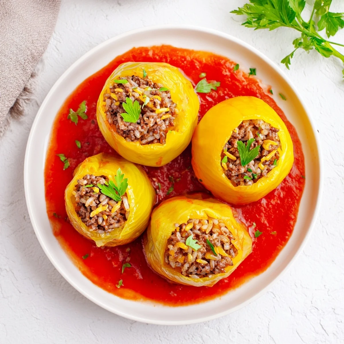 Tender baked Greek stuffed onions filled with savory meat and herbs in red tomato sauce
