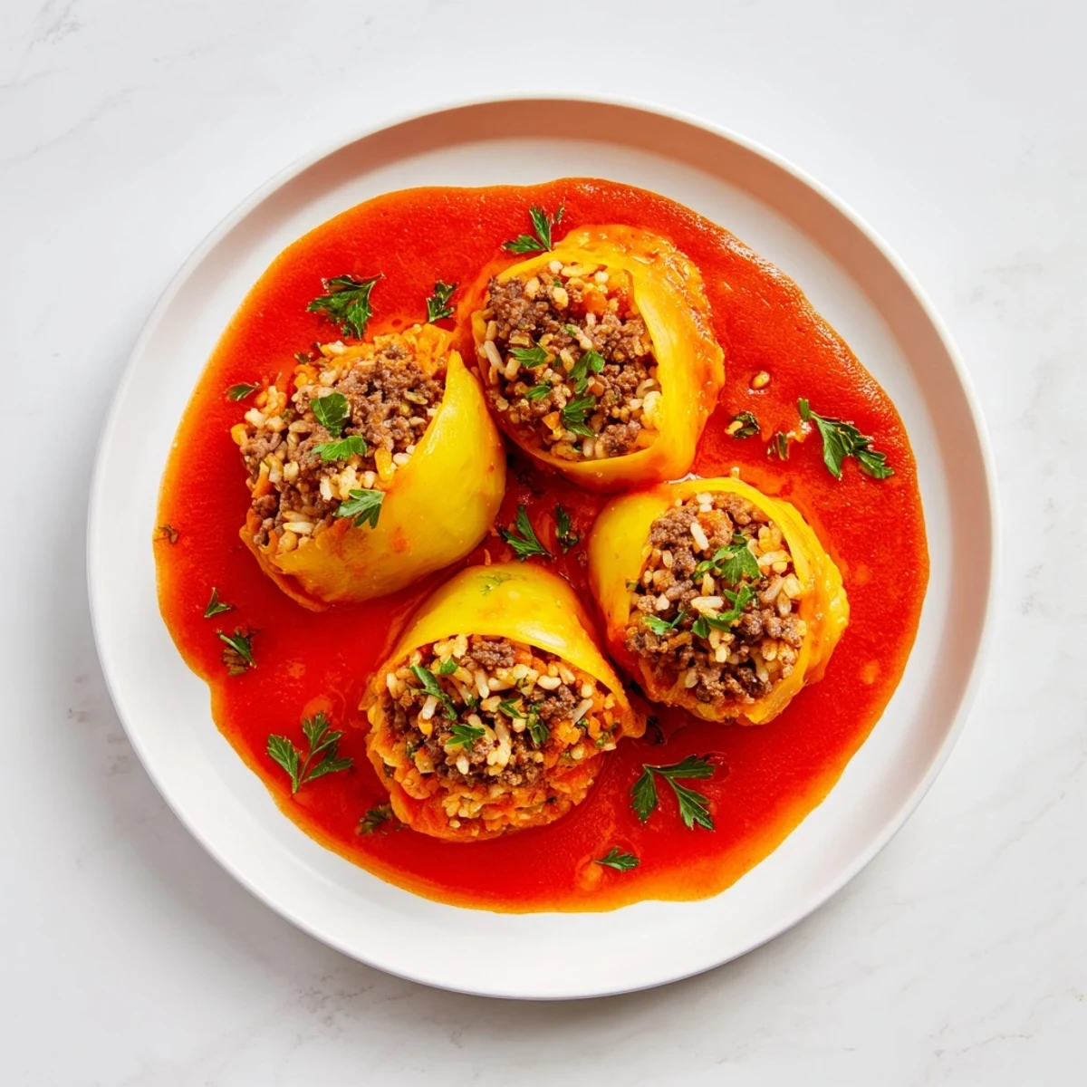 Greek stuffed onions folded around seasoned beef rice mixture swimming in thick tomato sauce
