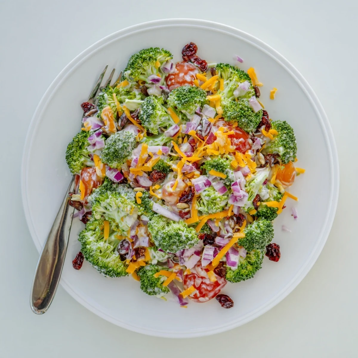 Fresh broccoli salad with crisp florets, dried cranberries, and sunflower seeds in creamy yogurt dressing