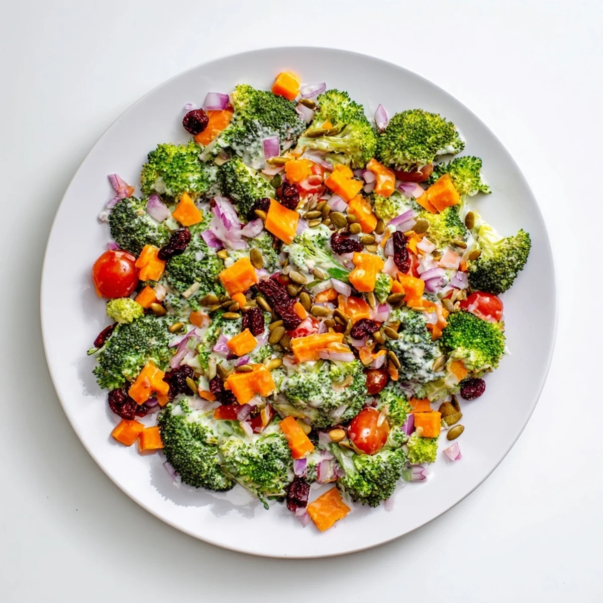 Colorful bowl of broccoli salad featuring red onion, carrots, cheddar cheese, and tangy honey mustard dressing