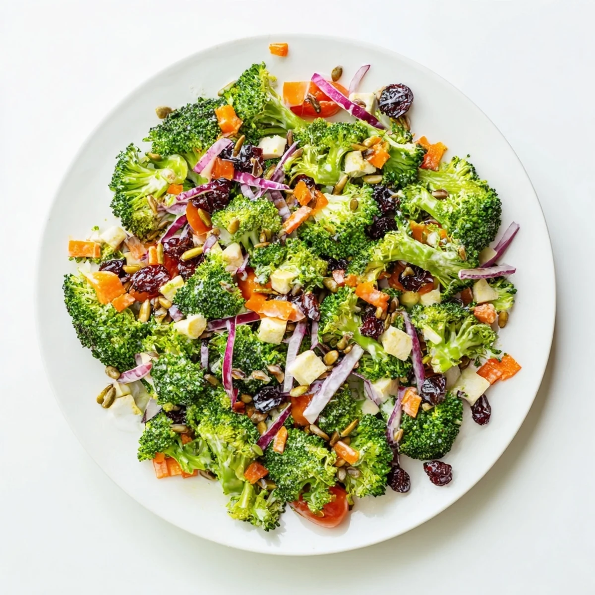 Crunchy broccoli salad with roasted almonds and cranberries tossed in light Greek yogurt dressing for picnics