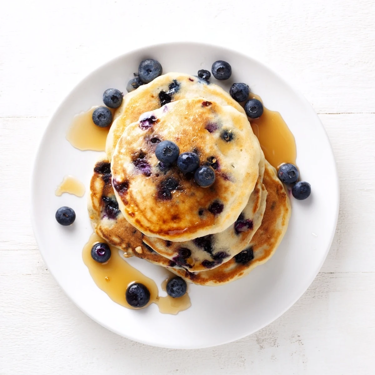 Stack of fluffy Greek yogurt blueberry pancakes drizzled with maple syrup and topped with fresh berries