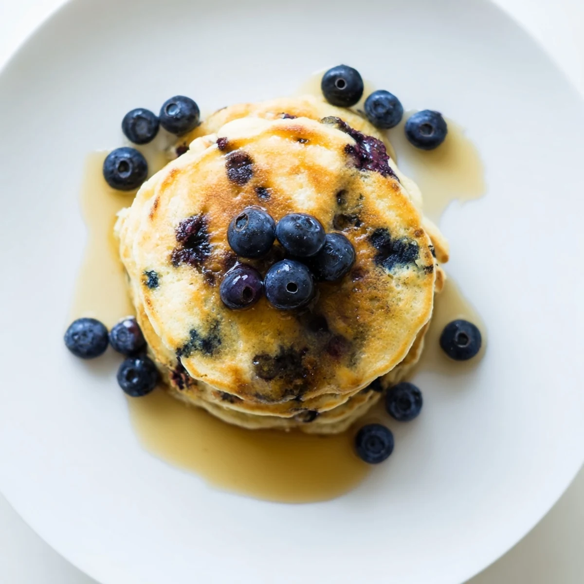 Golden brown Greek yogurt blueberry pancakes stacked on a white plate with melting butter and blueberries
