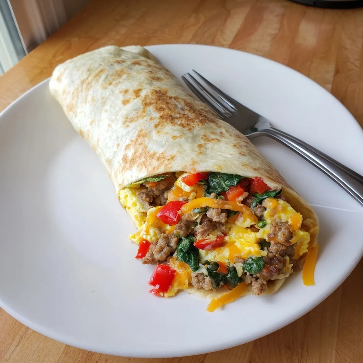 Golden make-ahead breakfast burritos wrapped in foil with fluffy eggs, melted cheese, and savory sausage