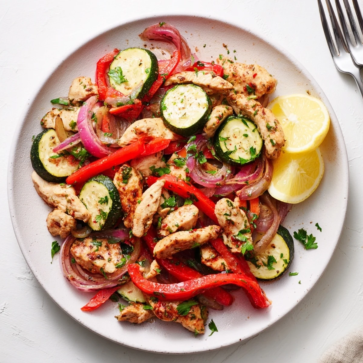 Golden chicken strips tossed with colorful bell peppers and zucchini in this Mediterranean chicken stir fry