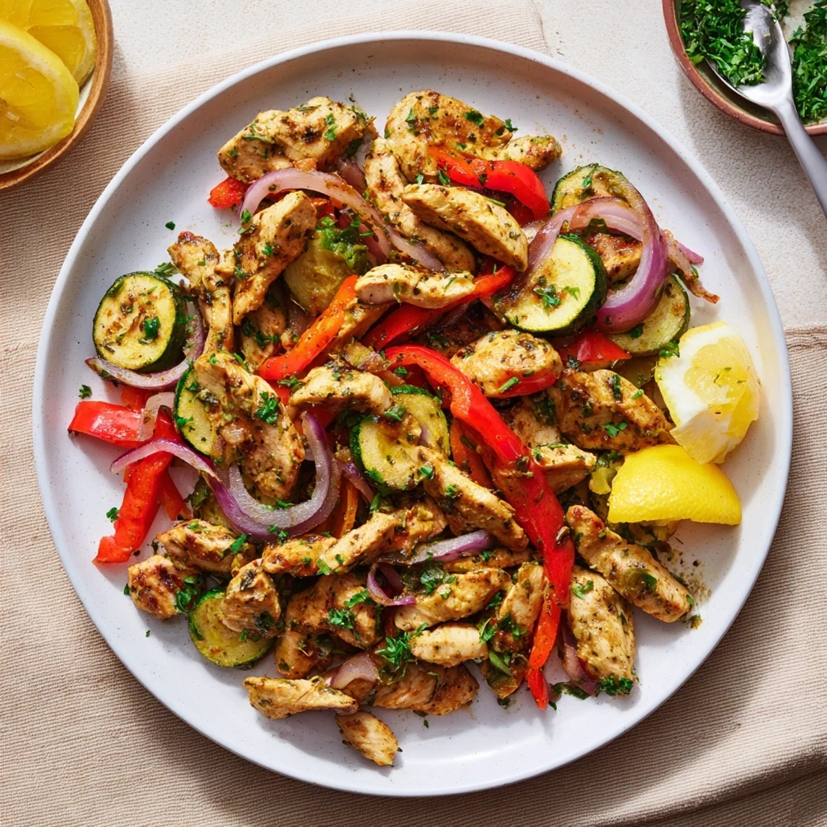 Sizzling skillet of Mediterranean chicken stir fry garnished with fresh parsley and lemon wedges