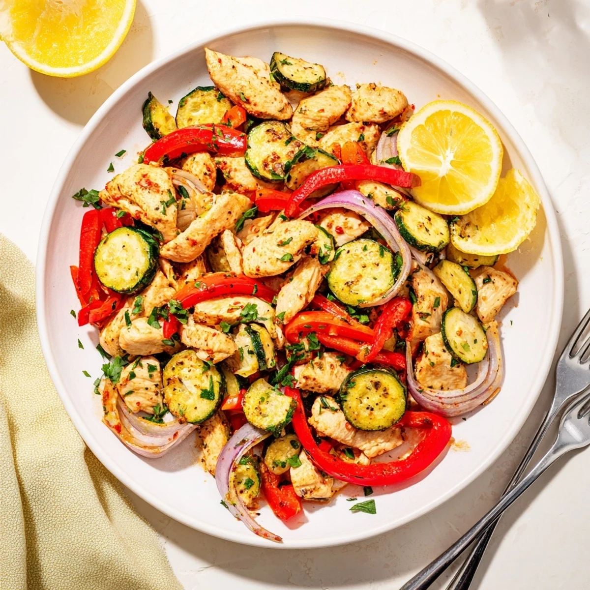 Healthy Mediterranean chicken stir fry featuring juicy chicken and crisp vegetables in a single pan