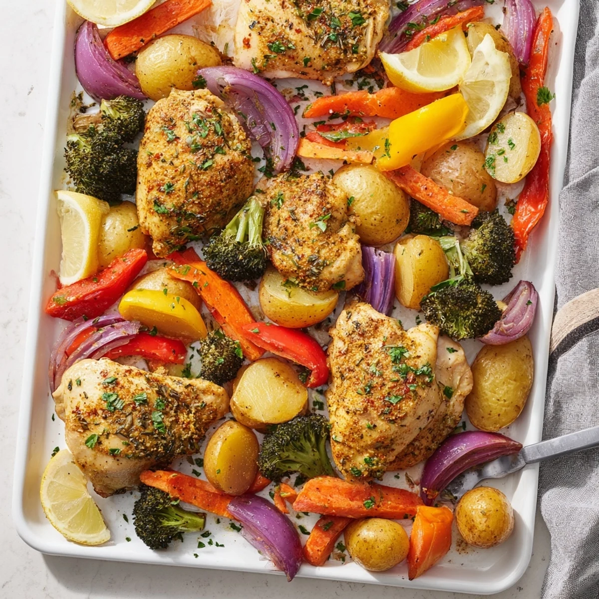 Golden roasted chicken thighs nestled among colorful bell peppers, broccoli, and baby potatoes on a sheet pan