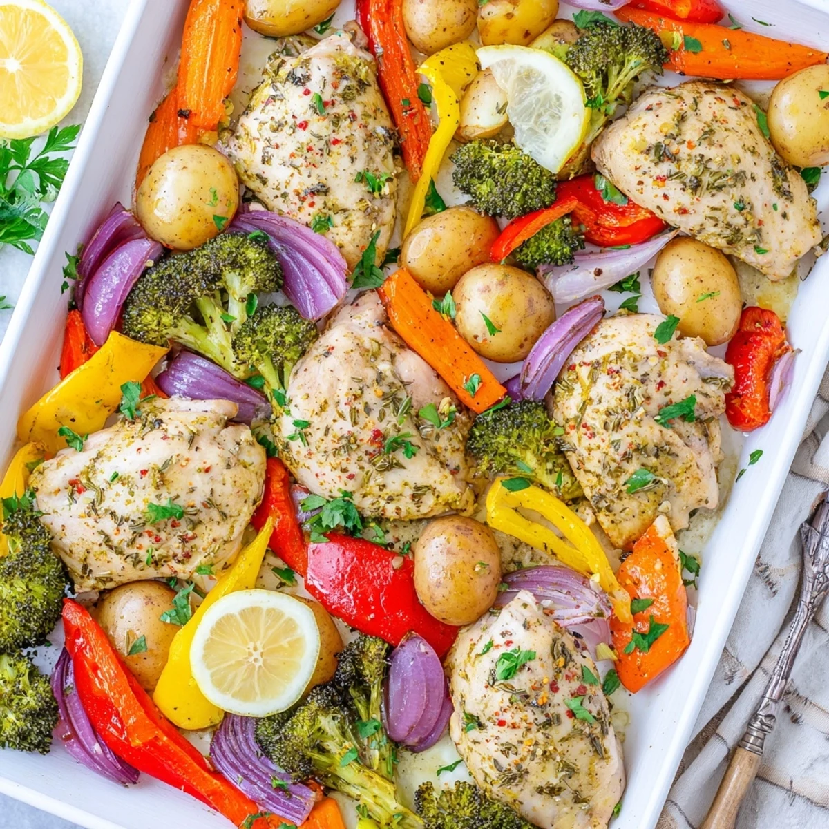 Juicy seasoned chicken surrounded by tender carrots, red onion, and florets on a baking sheet with parsley