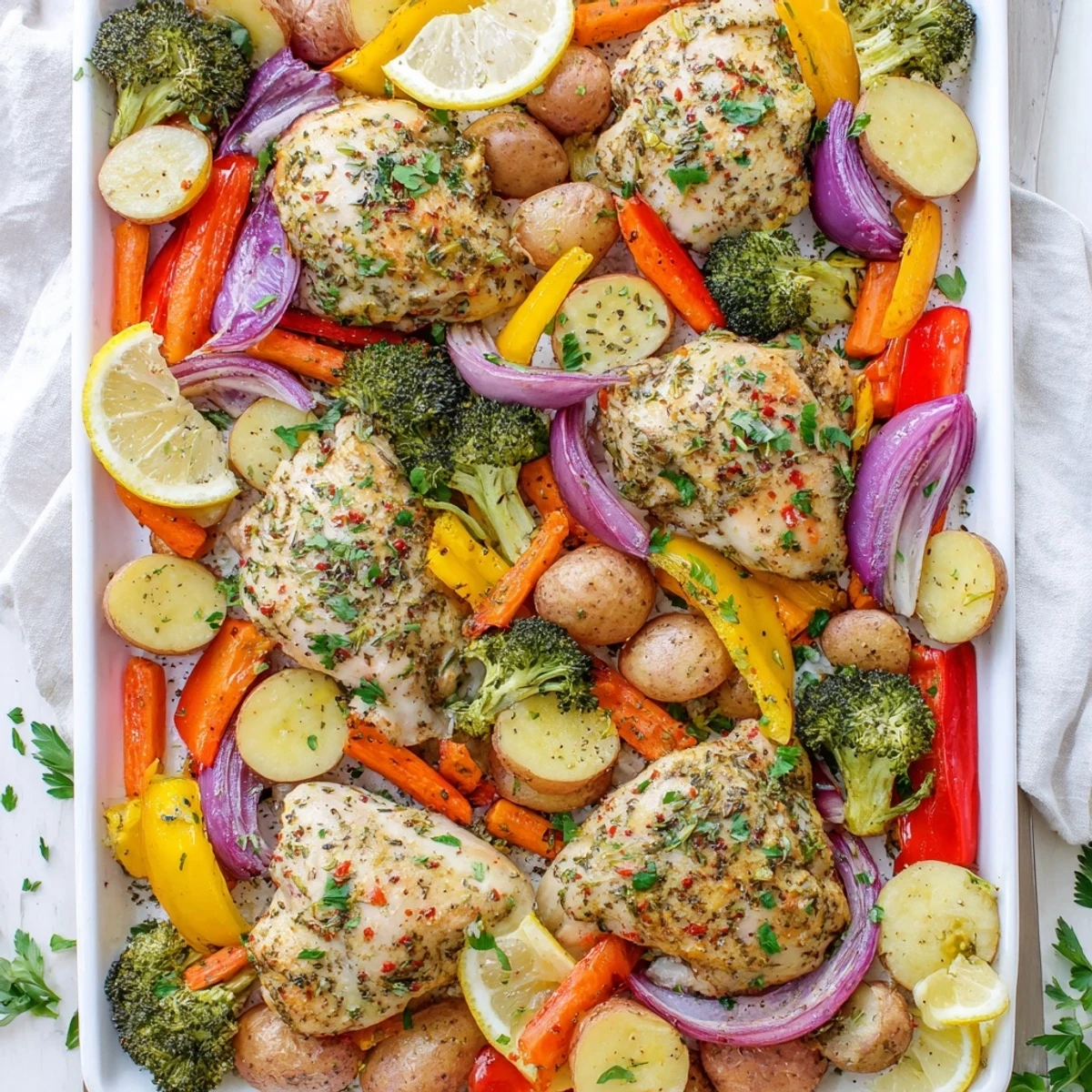 Zesty lemon herb chicken breasts arranged with vibrant roasted vegetables for an easy one-pan dinner