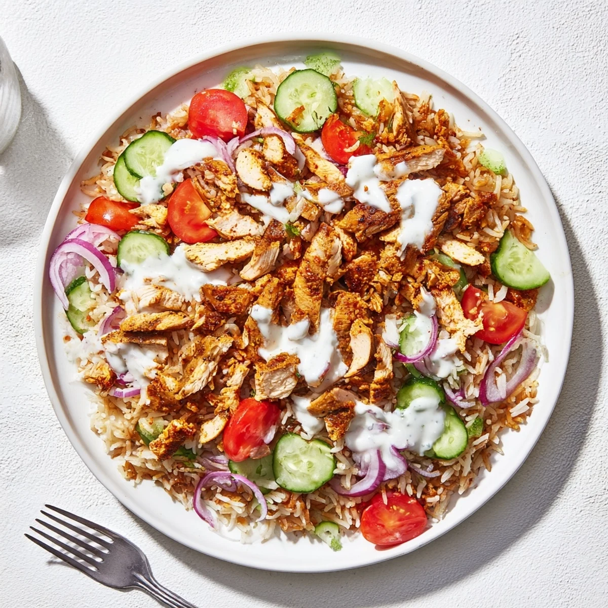 Vibrant chicken shawarma crispy rice salad featuring tender spiced meat, golden crunchy rice grains, cherry tomatoes, cucumber, and tangy Greek yogurt