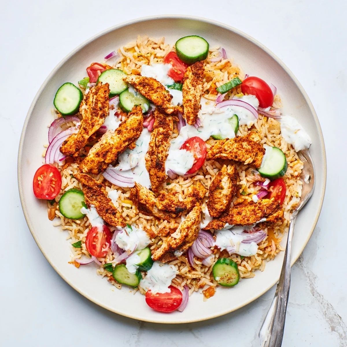 Golden spiced chicken shawarma slices served over crispy rice with fresh diced vegetables and creamy yogurt drizzle