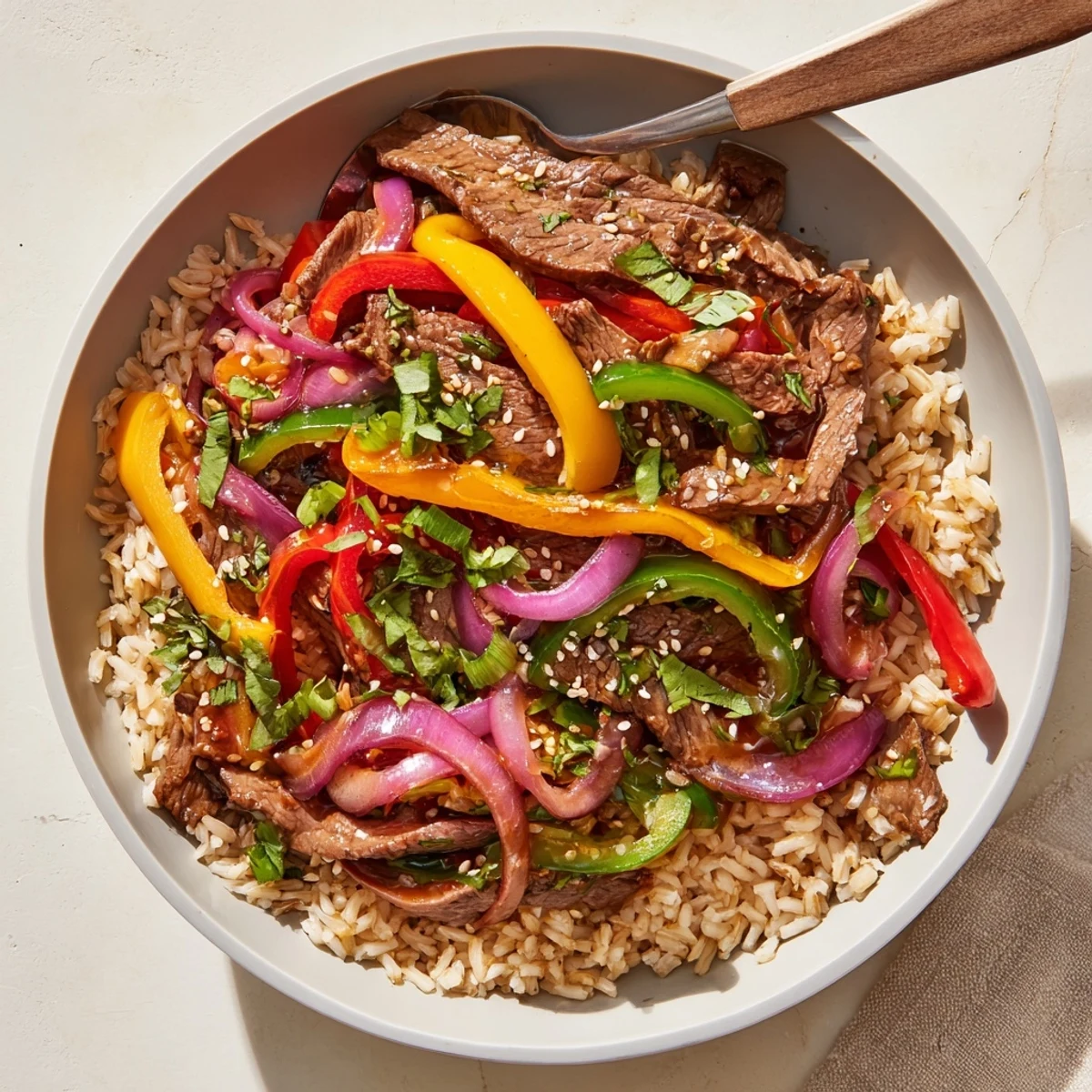 Healthy beef and pepper rice bowl featuring tender sliced beef and colorful crisp-tender bell peppers over fluffy brown rice