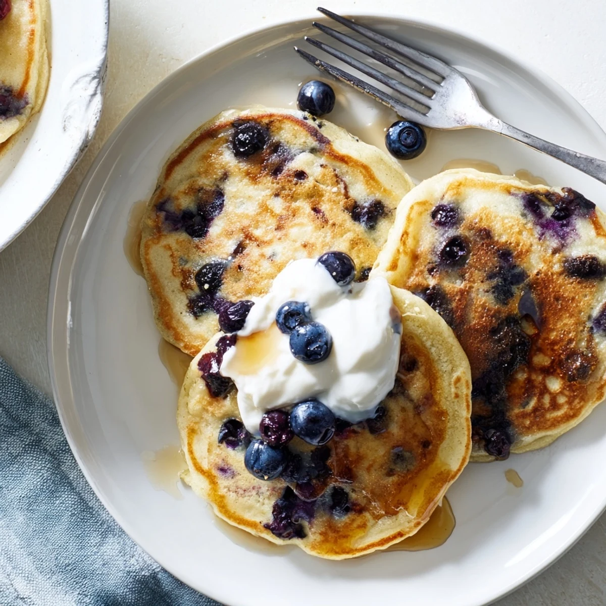 Golden stack of fluffy Greek yogurt blueberry pancakes drizzled with maple syrup and fresh berries