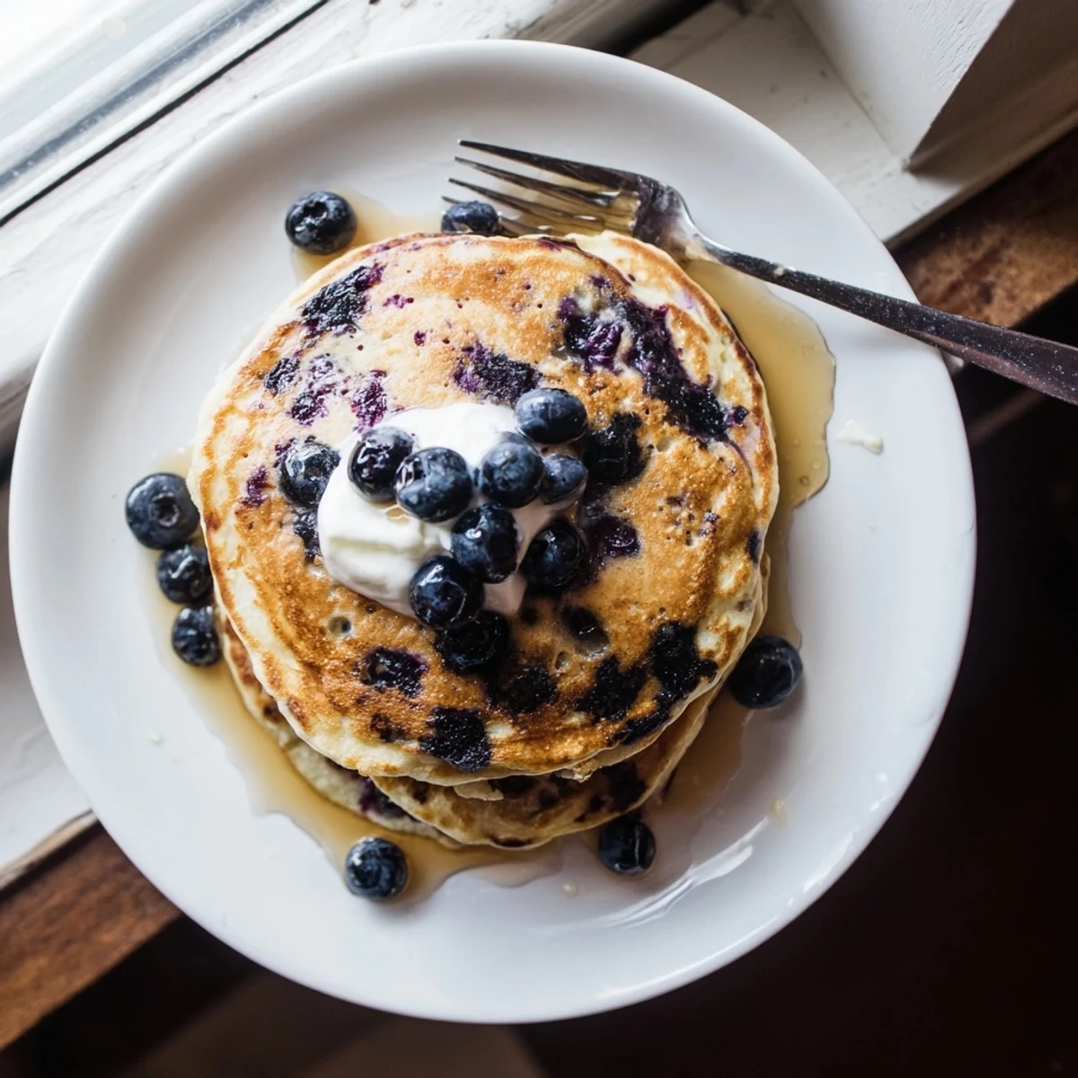 Fluffy American breakfast pancakes made with Greek yogurt and bursting with juicy blueberry pieces