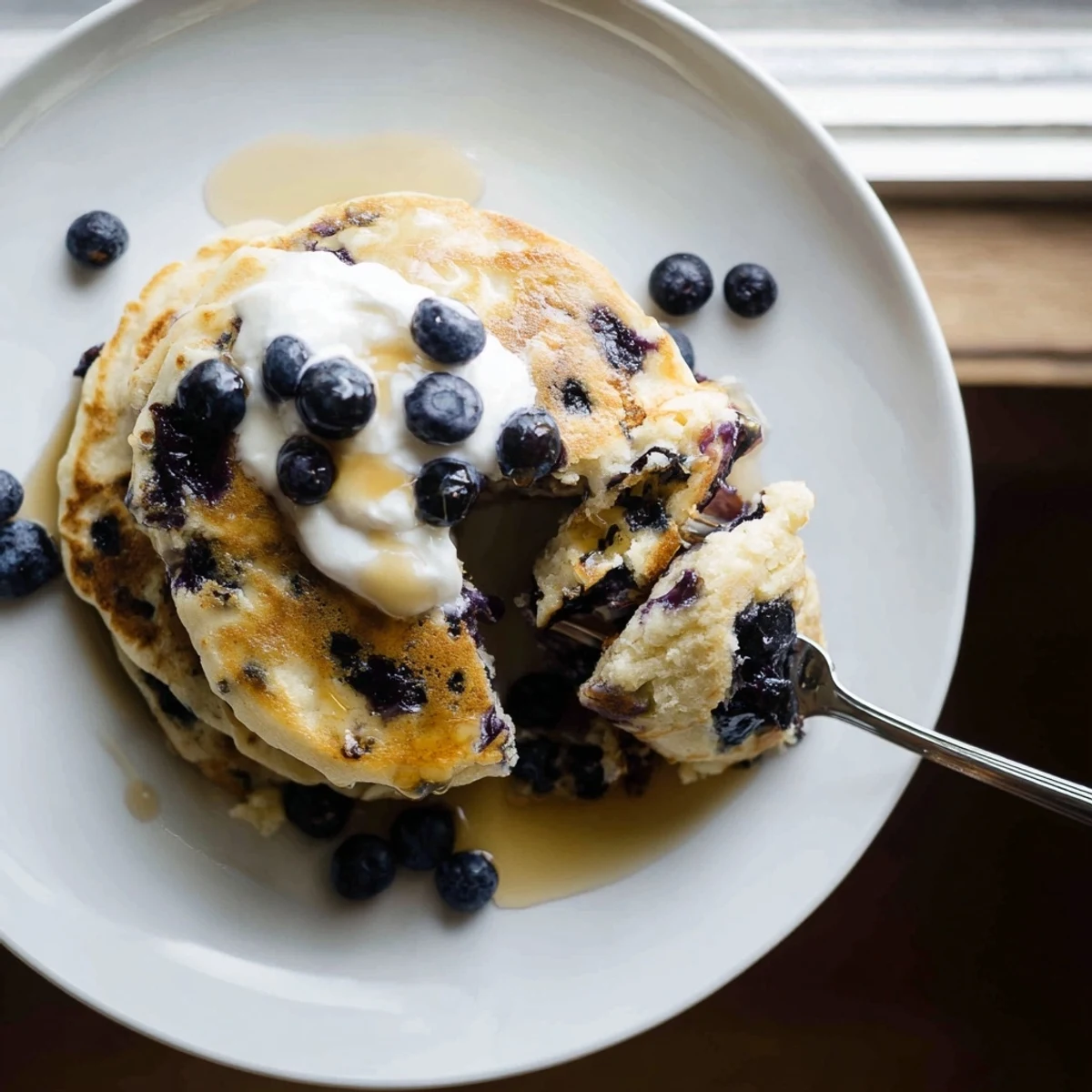 Plate of golden brown Greek yogurt blueberry pancakes topped with extra fresh fruit and yogurt