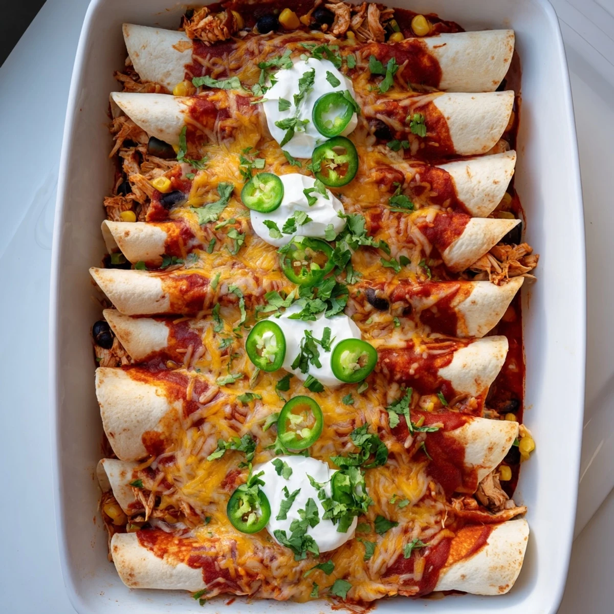 Golden chicken enchiladas bubbling with melted Mexican cheese and smothered in zesty red sauce