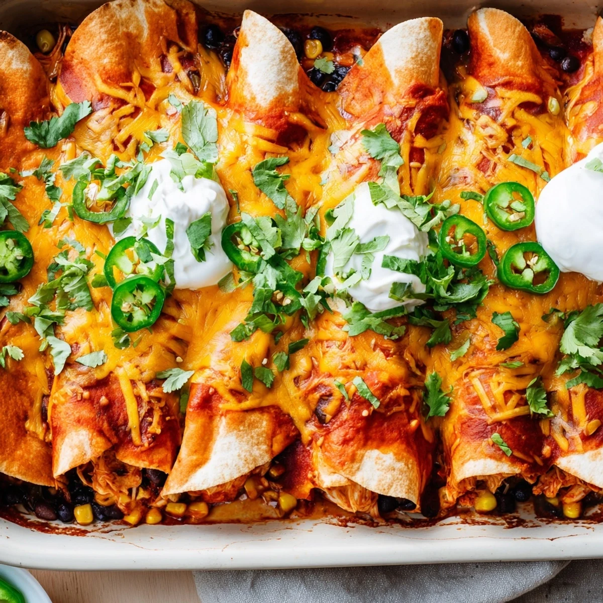 Baked chicken enchiladas plated with fresh cilantro garnish and dollop of cool sour cream