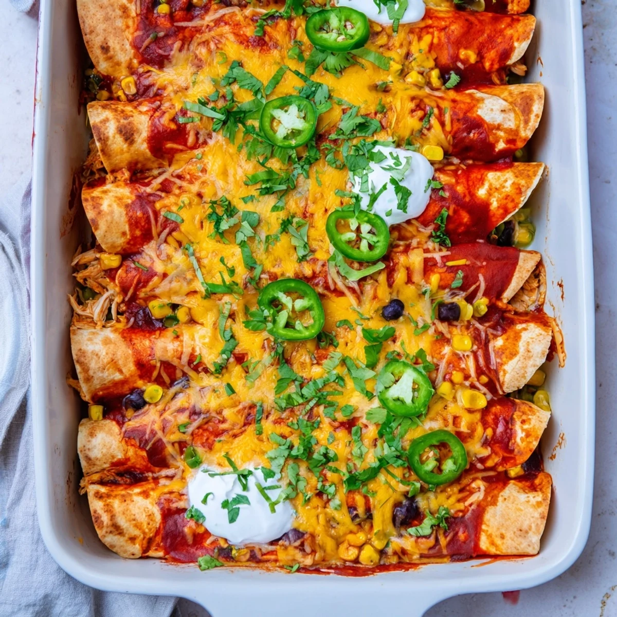 Rolled flour tortillas filled with seasoned shredded chicken topped with bubbly cheese and enchilada sauce