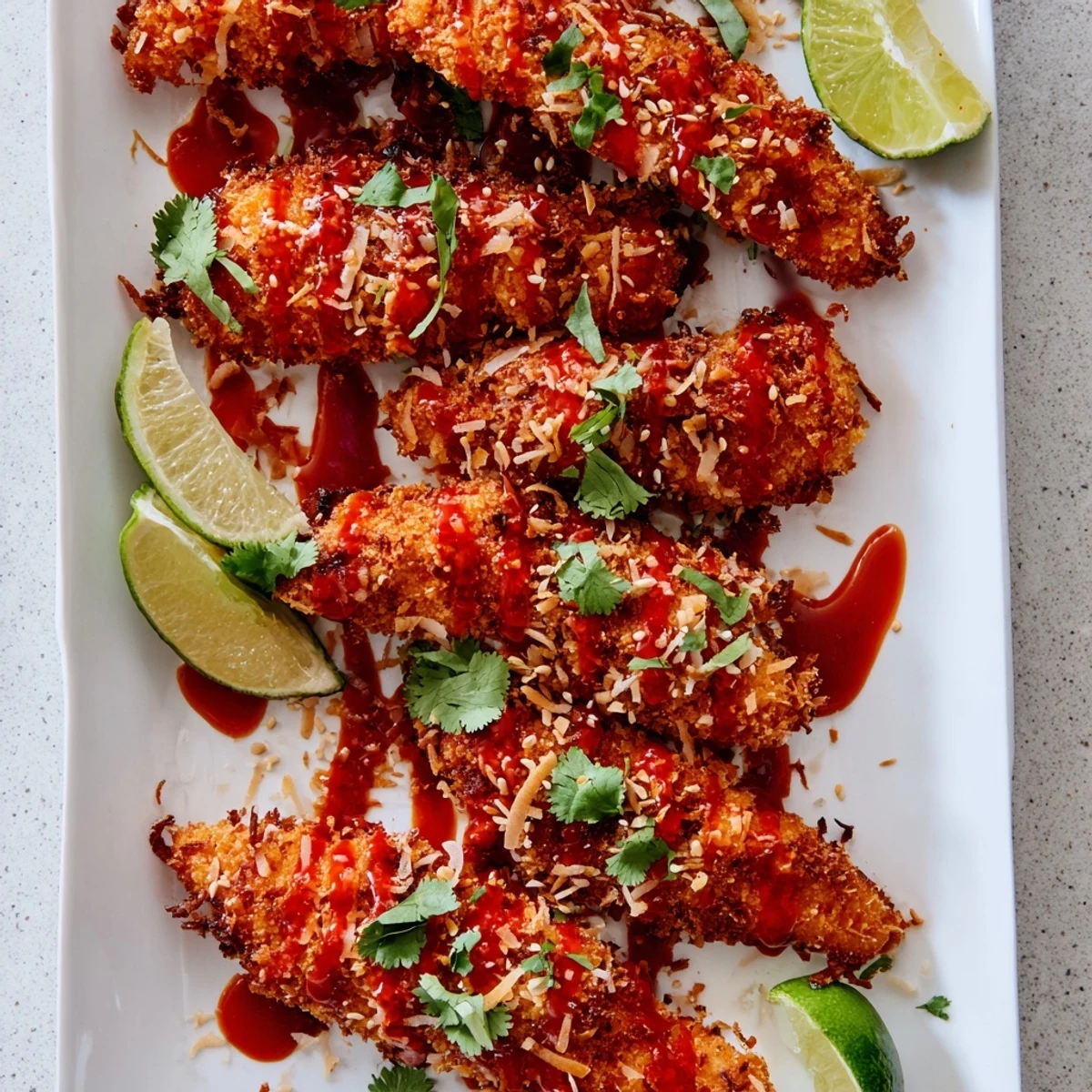 Golden crispy Thai sticky chicken fingers glazed with sweet spicy sauce and topped with fresh cilantro and sesame seeds