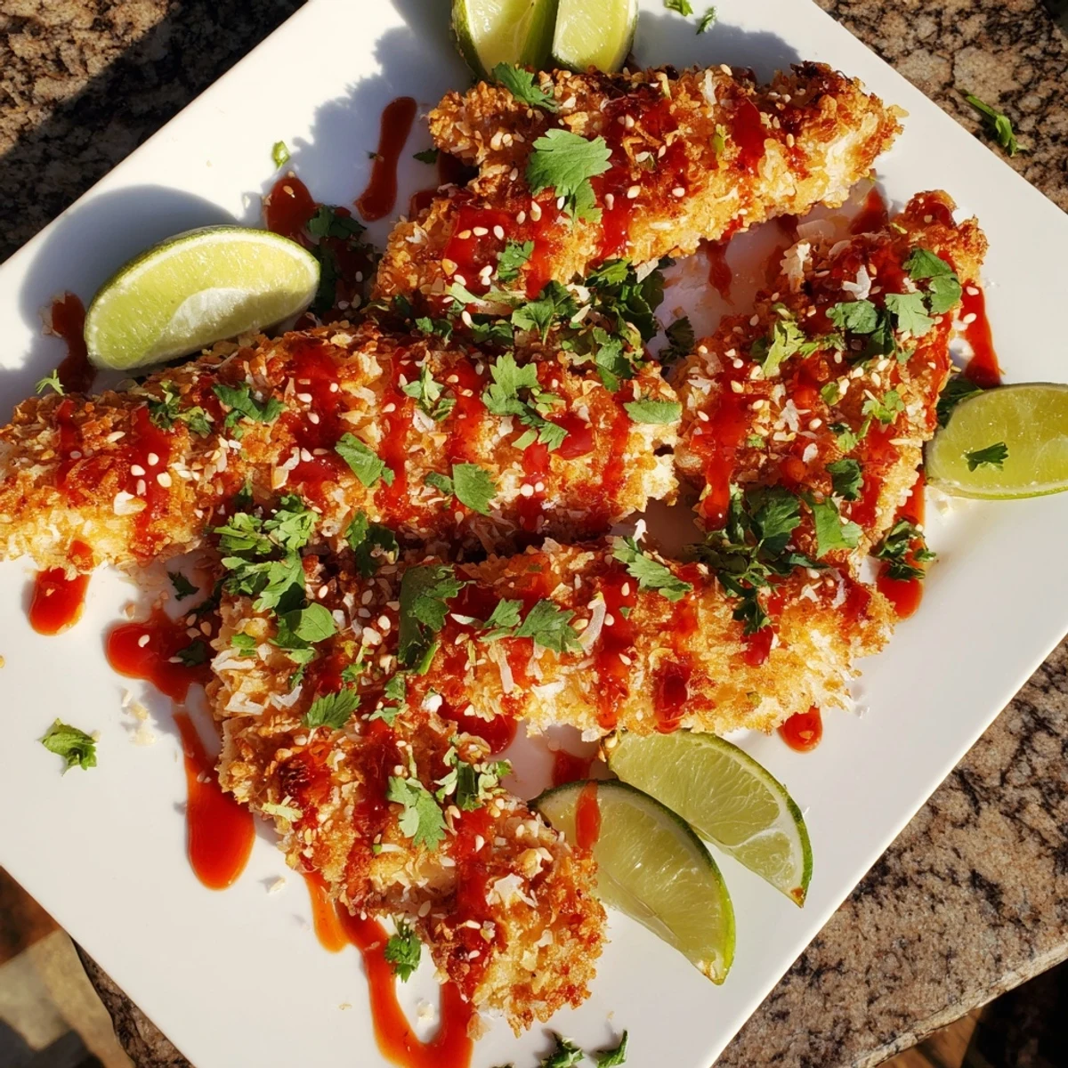 Oven-baked chicken tenders coated in panko breadcrumbs then tossed in tangy Thai chili sauce for a crunchy appetizer