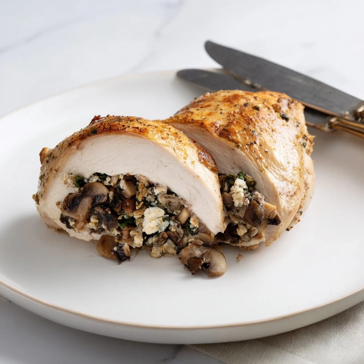 Juicy baked chicken breast stuffed with mushrooms and melted mozzarella cheese