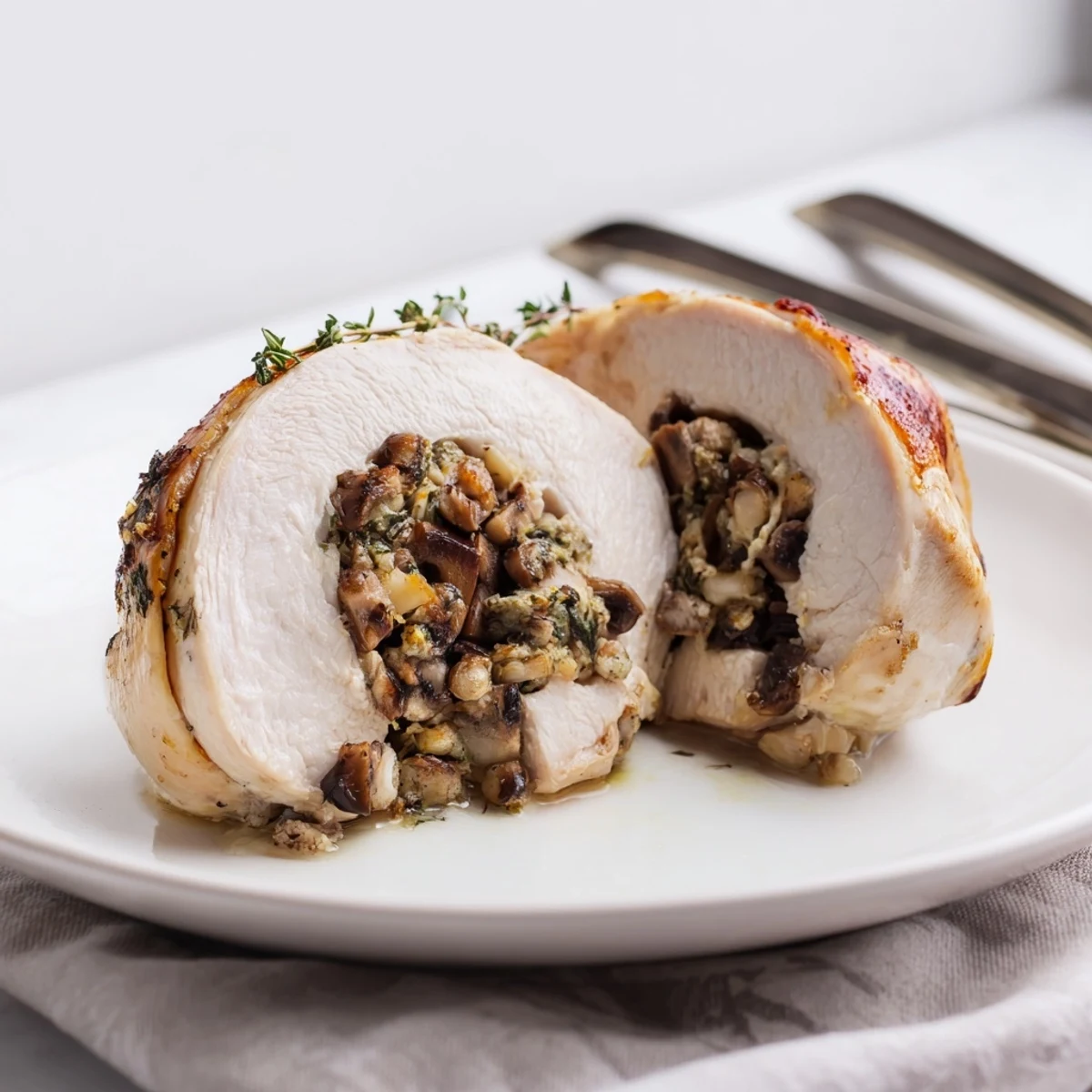 Golden seared mushroom stuffed chicken breast with savory herb filling on white plate