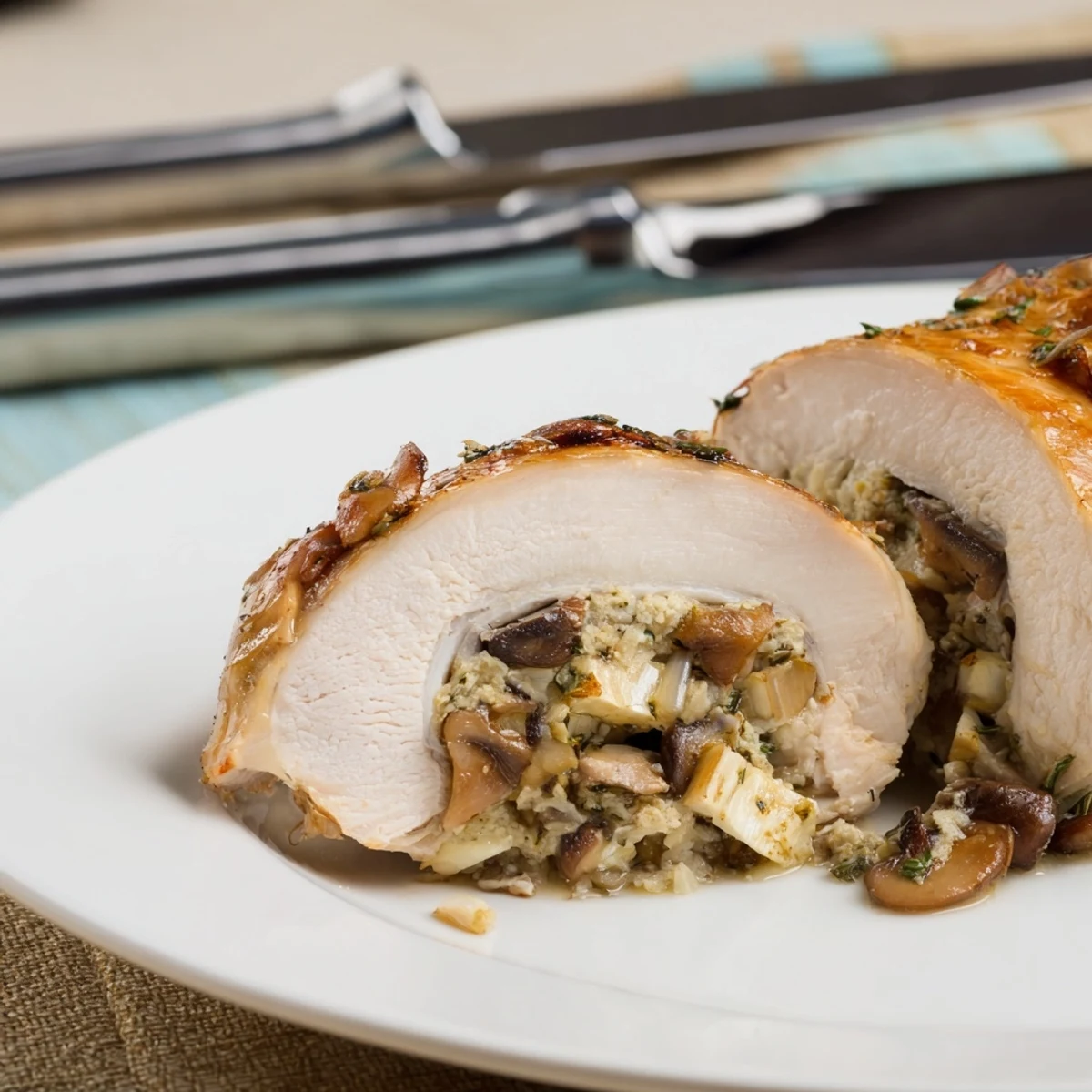 Sliced mushroom stuffed chicken breast revealing golden mushroom parmesan filling inside