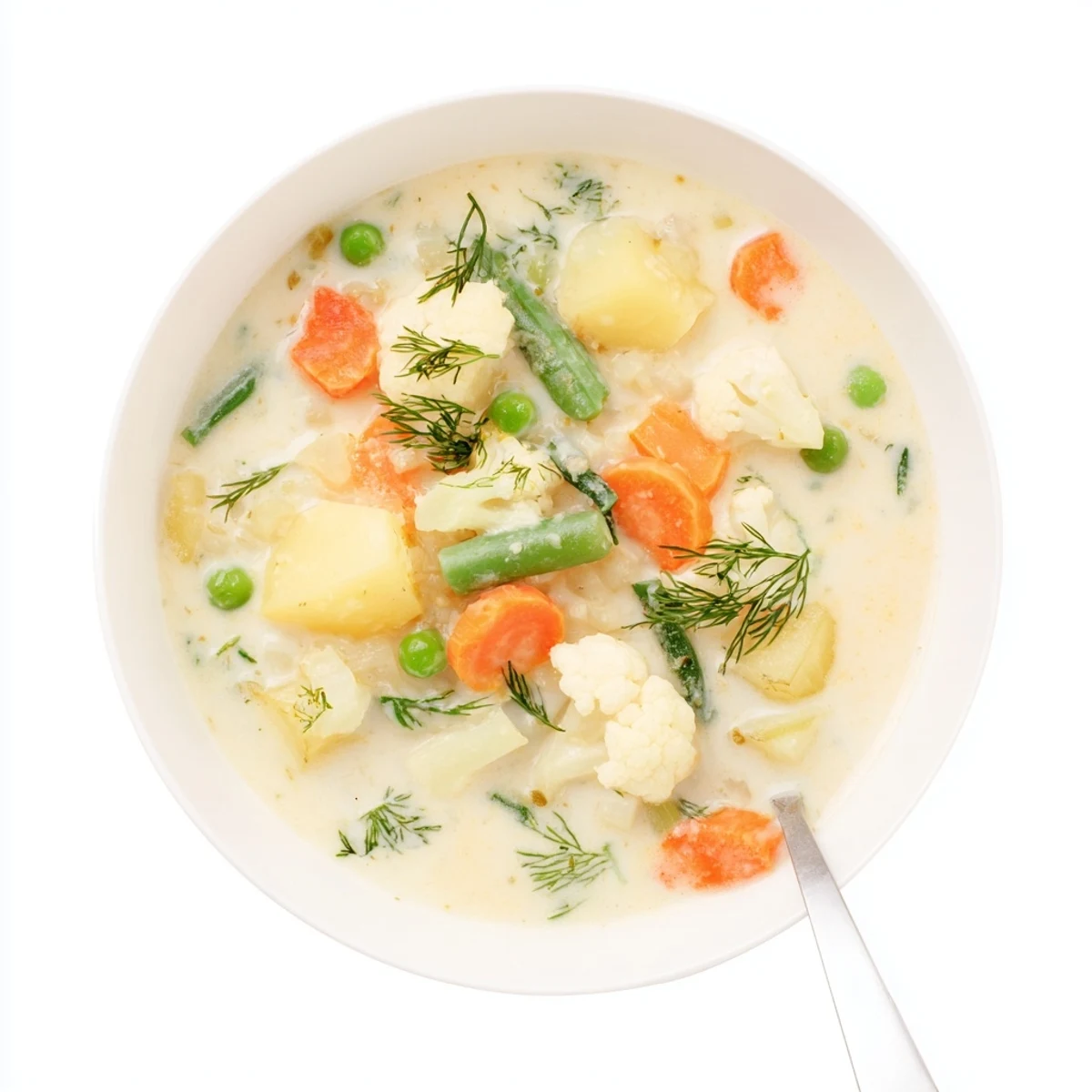 Creamy Finnish Kesäkeitto soup with colorful summer vegetables floating in rich white broth