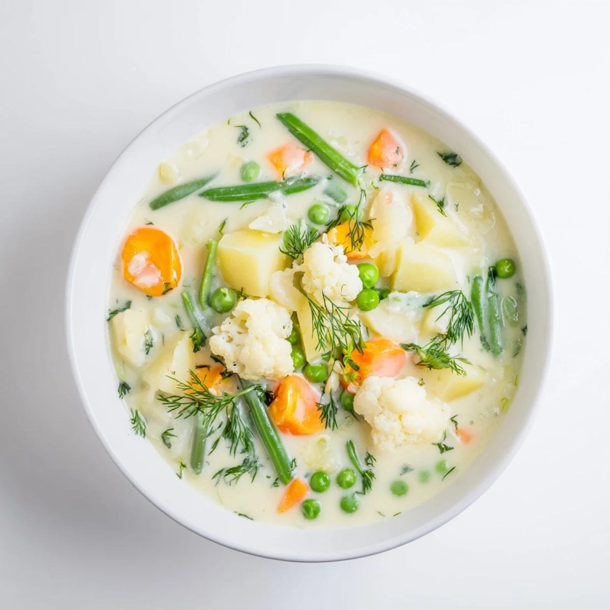 Fresh vegetable medley of carrots peas and green beans in traditional Finnish Kesäkeitto