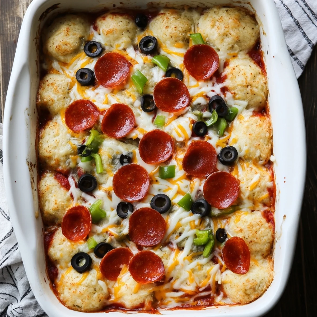 Golden bubbly biscuit pizza casserole with melted mozzarella and pepperoni on top