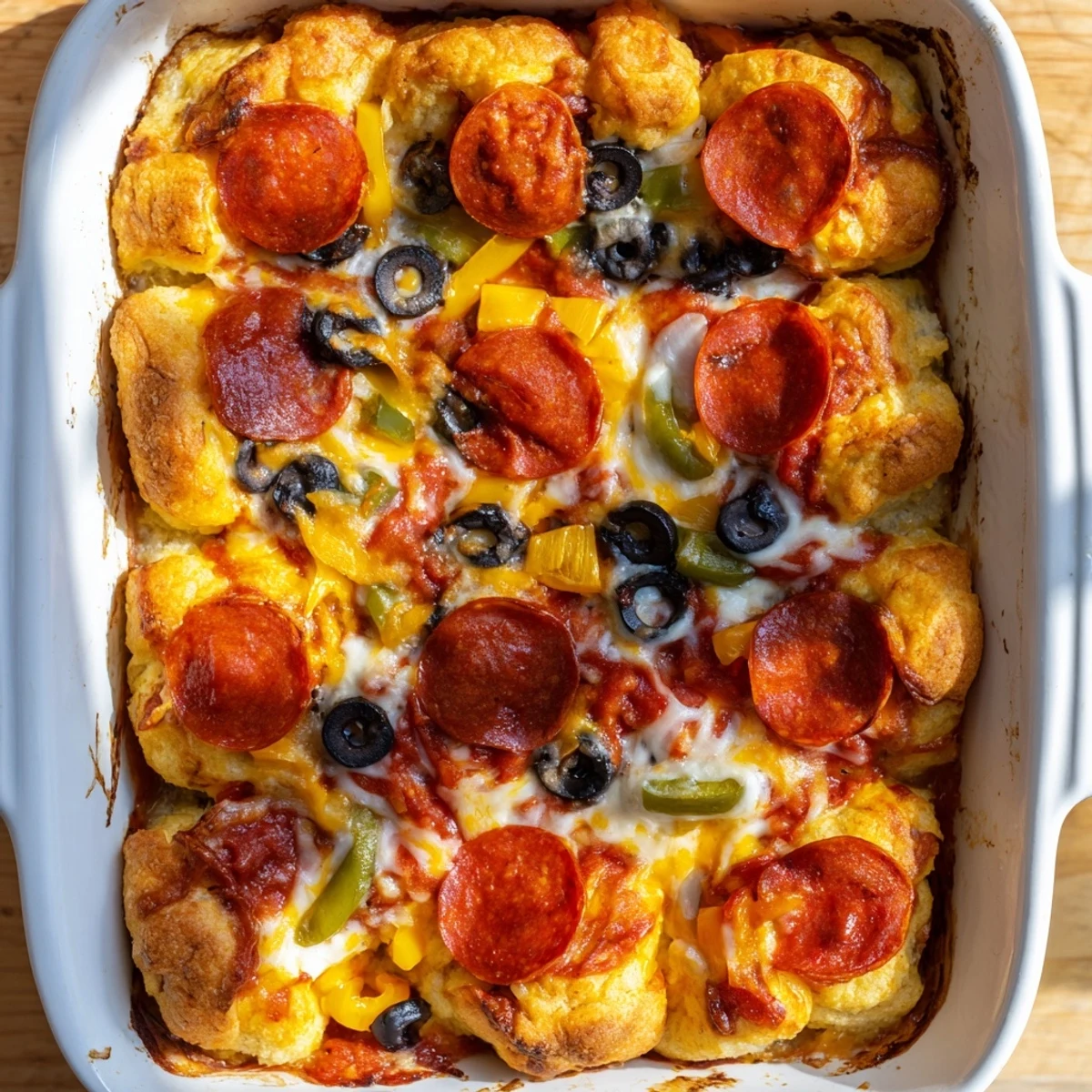 Fluffy biscuit pieces rising through cheesy pizza sauce in this family-friendly casserole