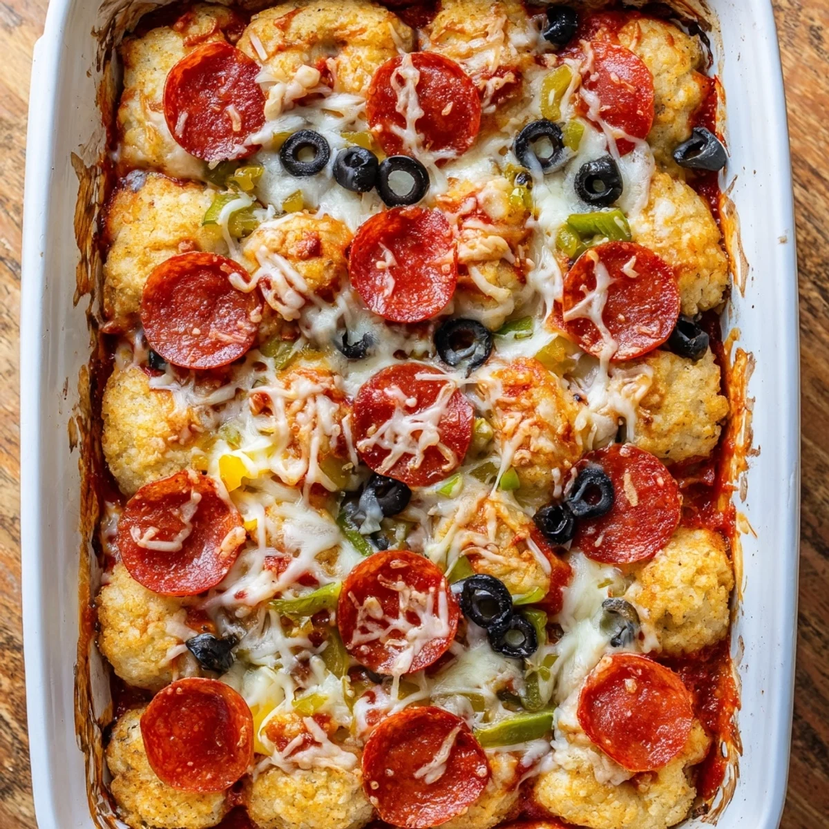 Homemade bubble up biscuit pizza casserole with layers of pepperoni and melted cheese