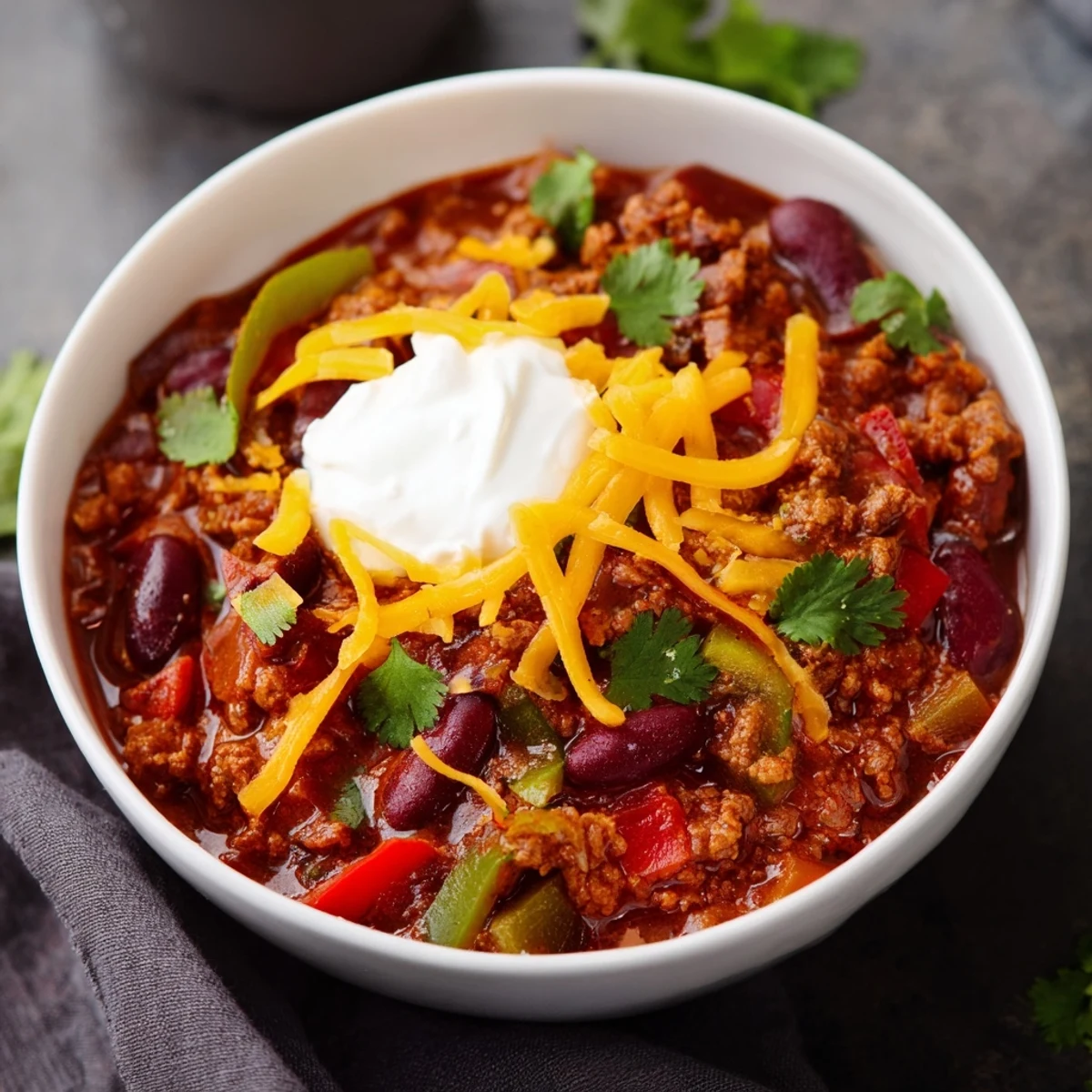 Hearty bowl of chili con carne topped with melted cheddar cheese and fresh cilantro