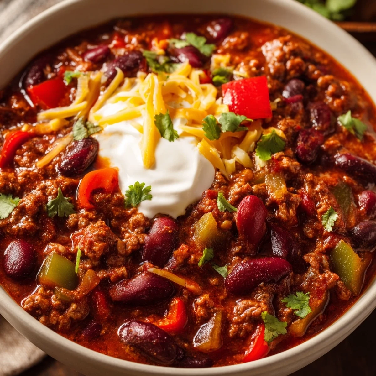 Steaming chili con carne served with sour cream garnish in a rustic ceramic bowl