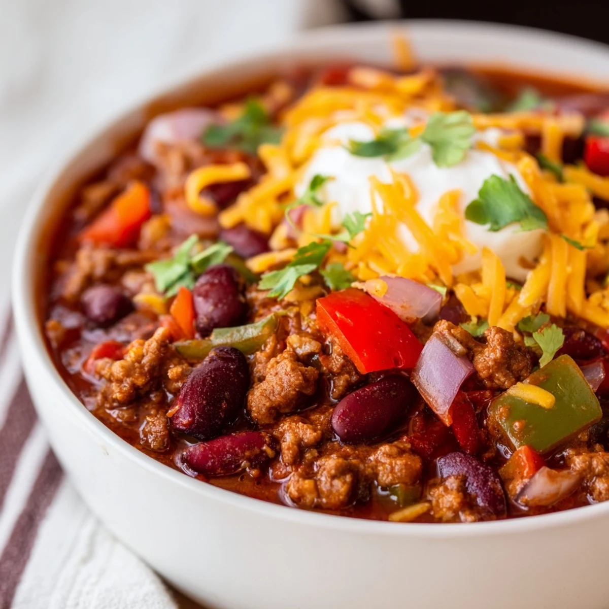 Rich and simmering chili con carne with tender ground beef and colorful bell peppers