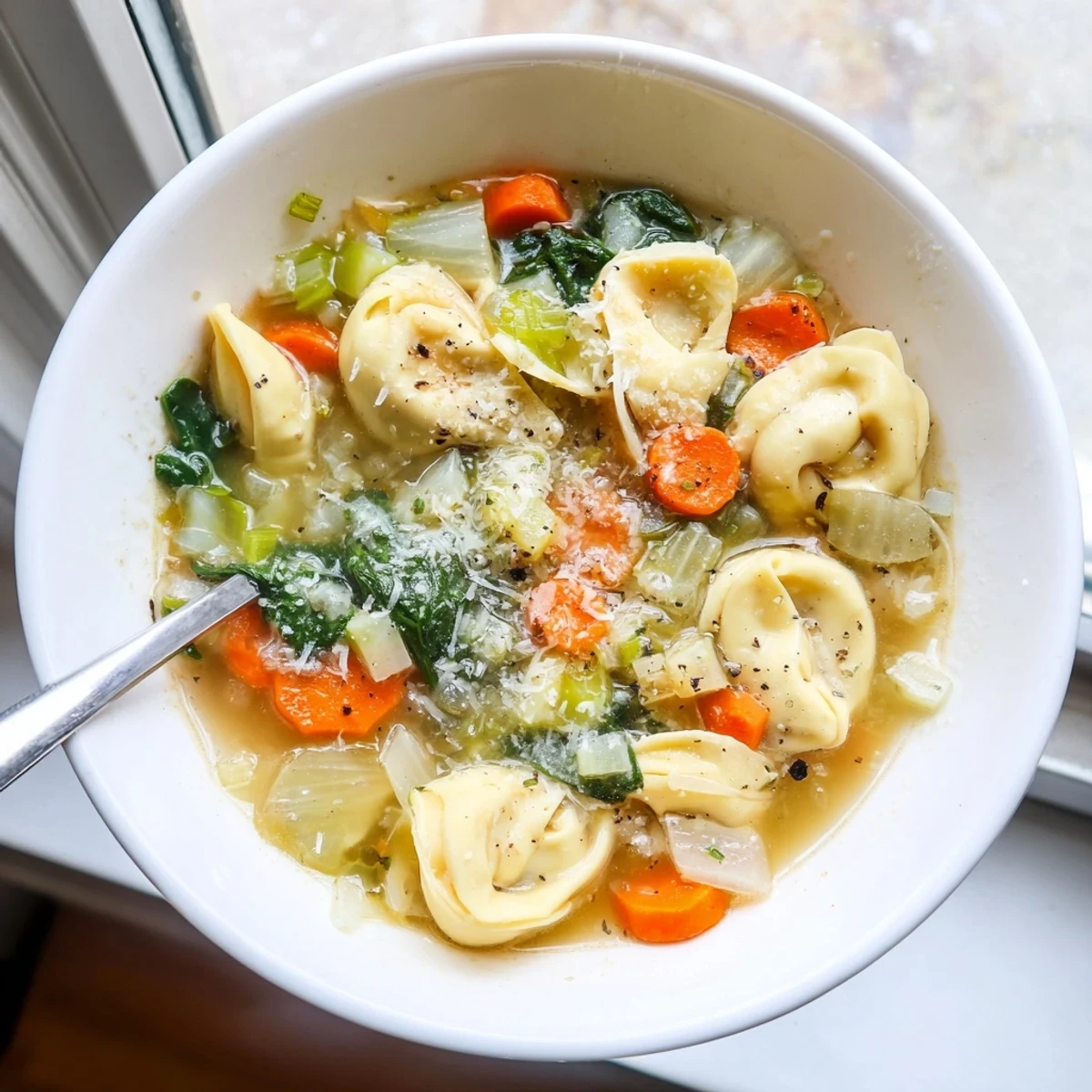 Savory Italian tortellini soup featuring cheese-filled pasta swimming in a luxurious cream-based vegetable broth